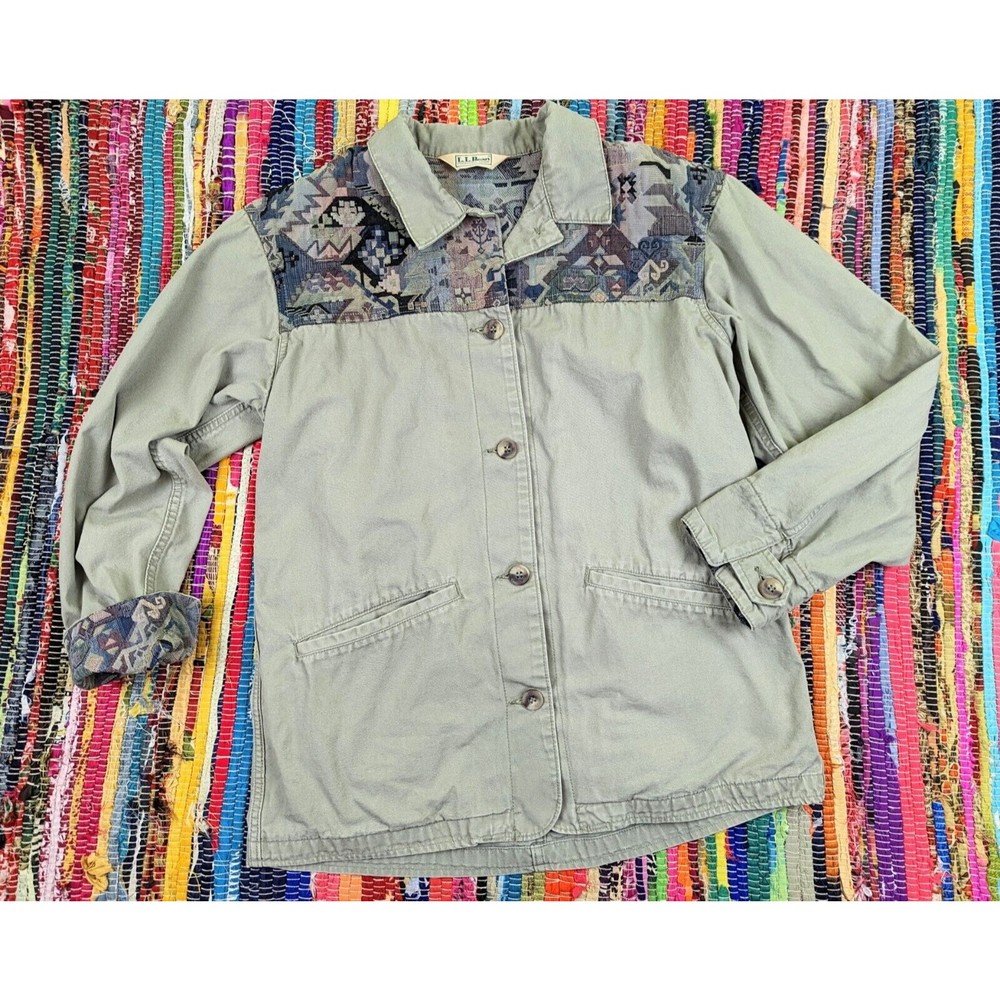 VTG LL Bean Womens Chore Coat Barn Adirondack Jacket Patchwork Cotton Gray Sz L? - Picture 5 of 11